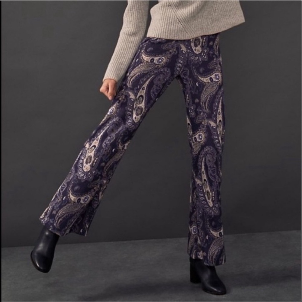 Anthropologie Maeve Size 2 Maria Boho Paisley Blue Metallic Gold Flare Leg Pants